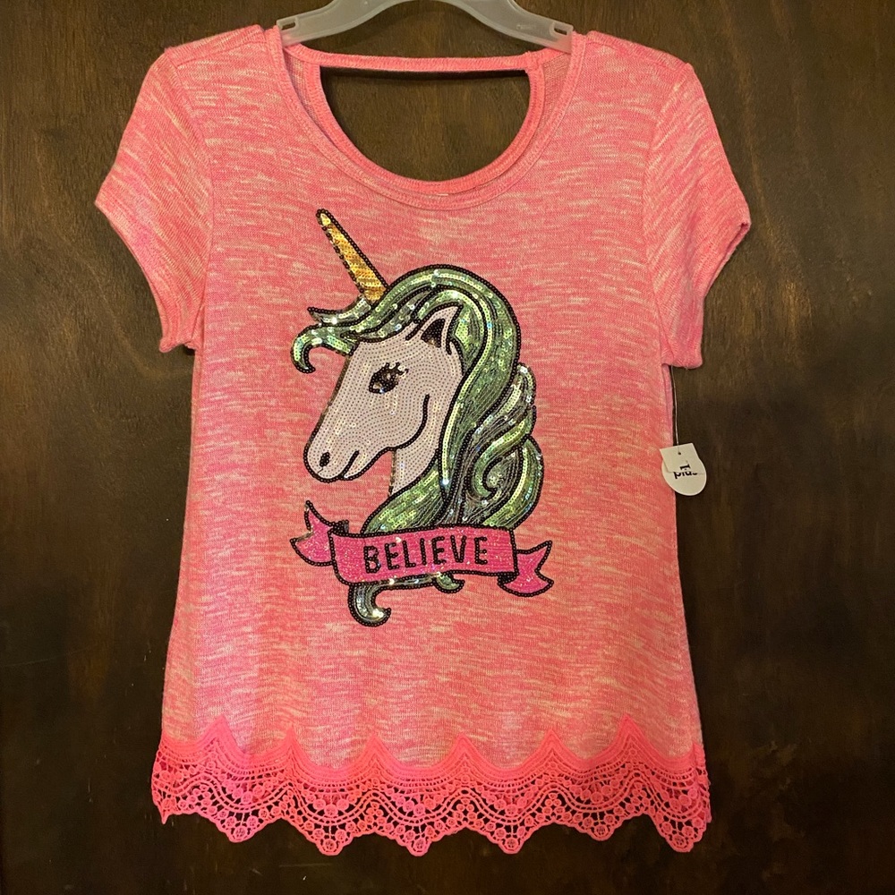 Total Girl Sequin Unicorn Believe Top